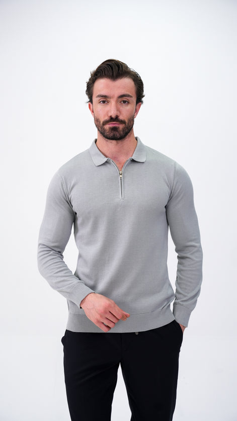 Piochet Yarım Fermuarlı Polo Yaka Kazak - Füme