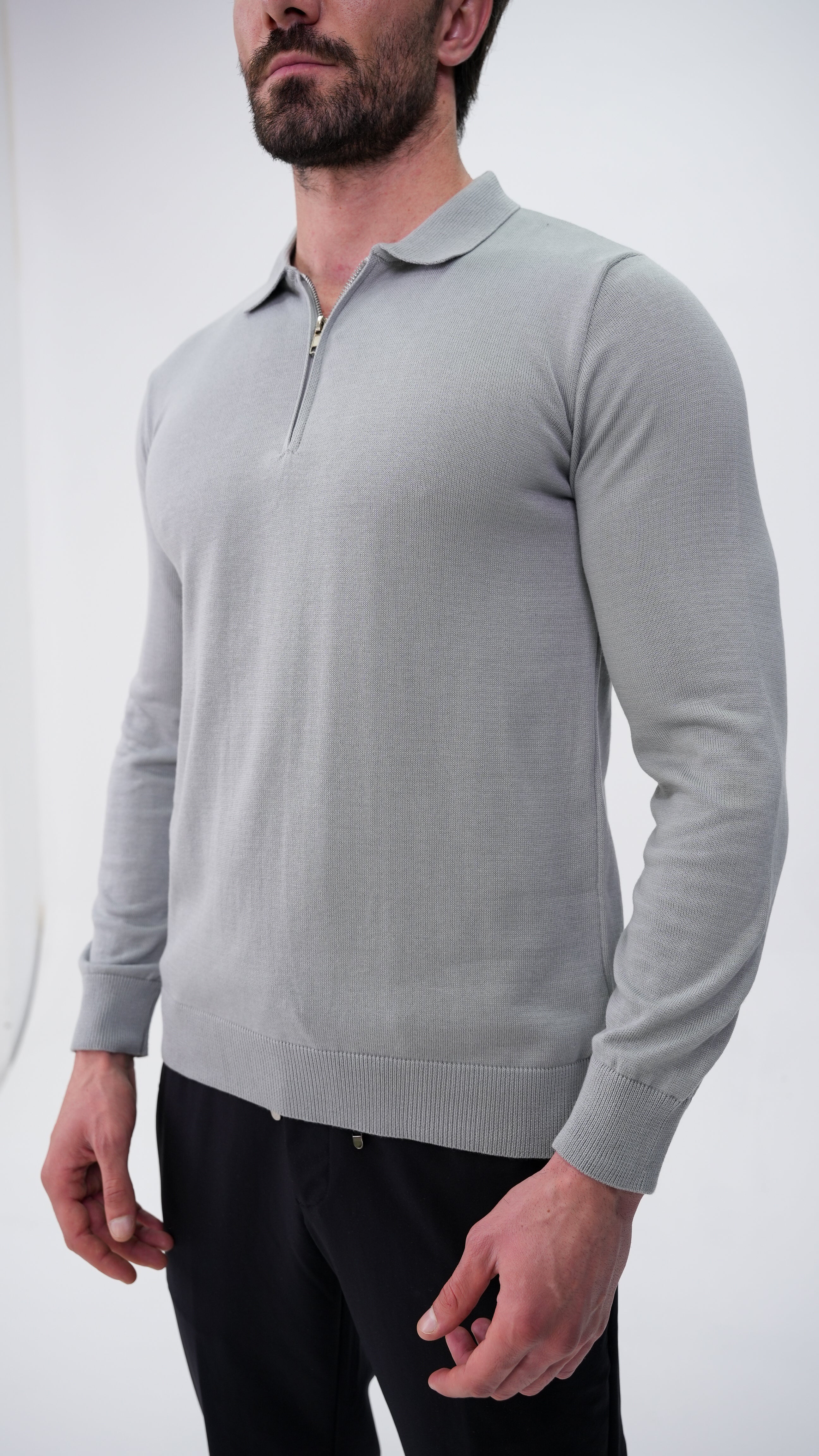 Piochet Yarım Fermuarlı Polo Yaka Kazak - Füme