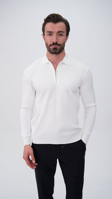 Pierres Dik Çizgili Polo Yaka Kazak - Beyaz