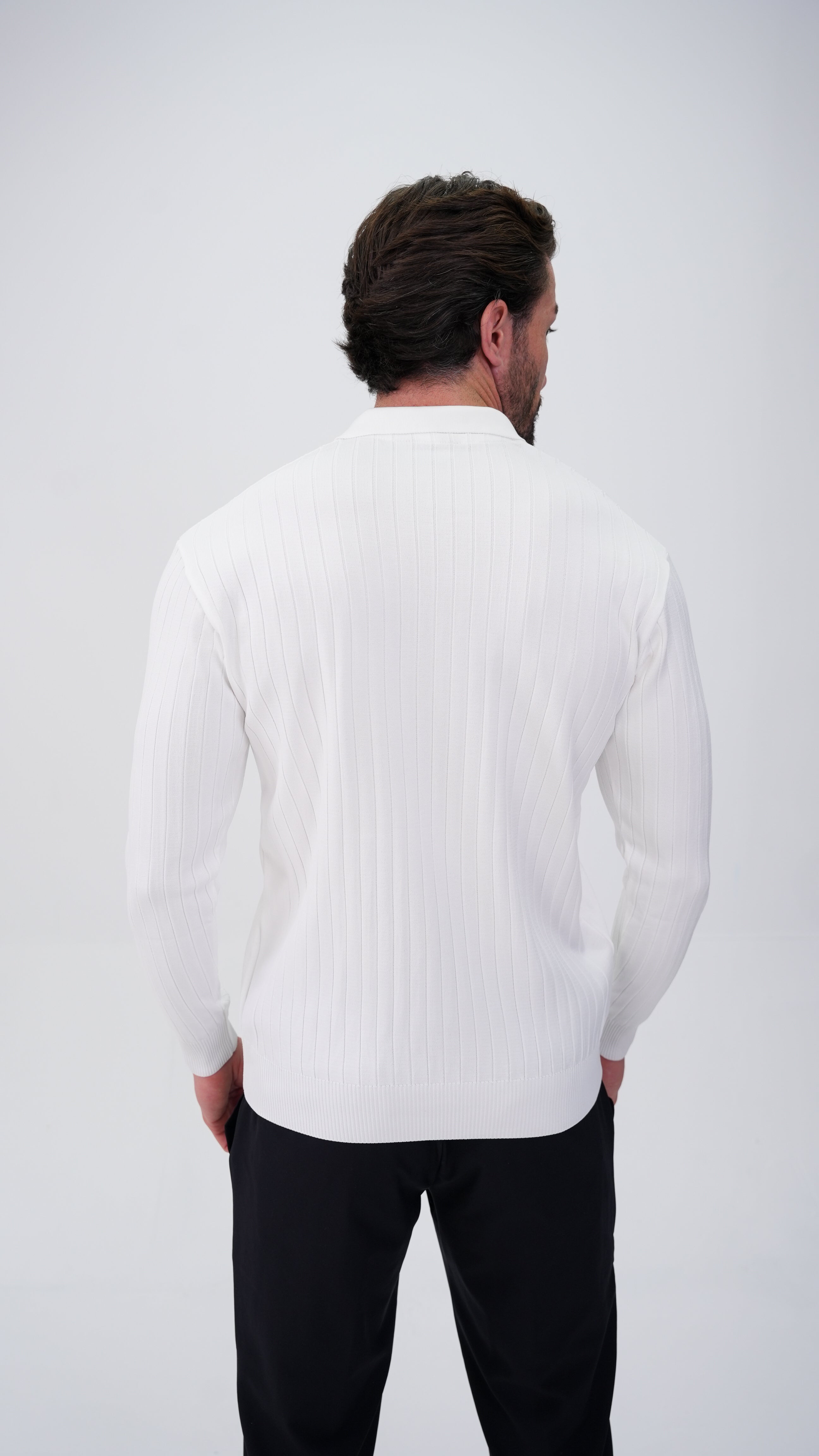 Pierres Dik Çizgili Polo Yaka Kazak - Beyaz