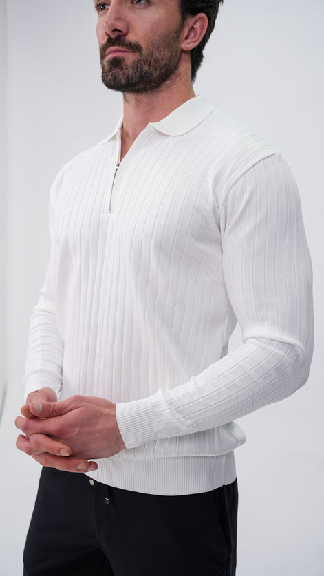 Pierres Dik Çizgili Polo Yaka Kazak - Beyaz