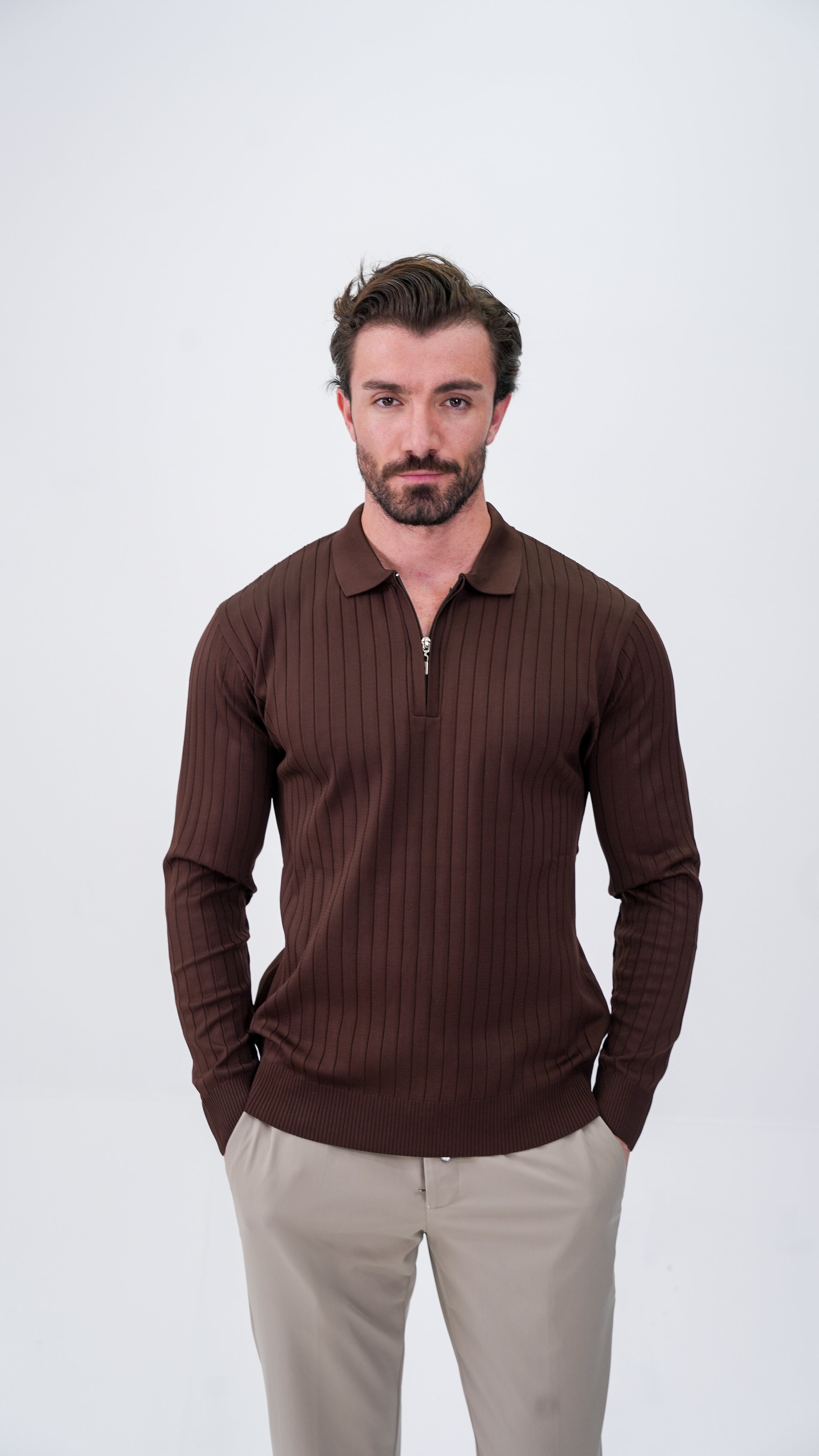 Pierres Dik Çizgili Polo Yaka Kazak - Kahverengi