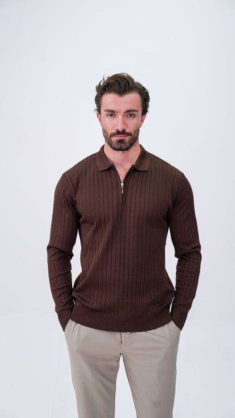 Pierres Dik Çizgili Polo Yaka Kazak - Kahverengi