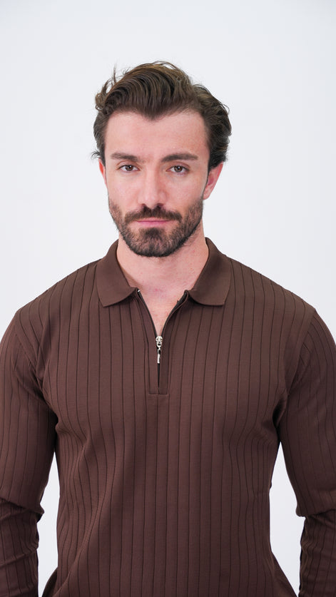 Pierres Dik Çizgili Polo Yaka Kazak - Kahverengi