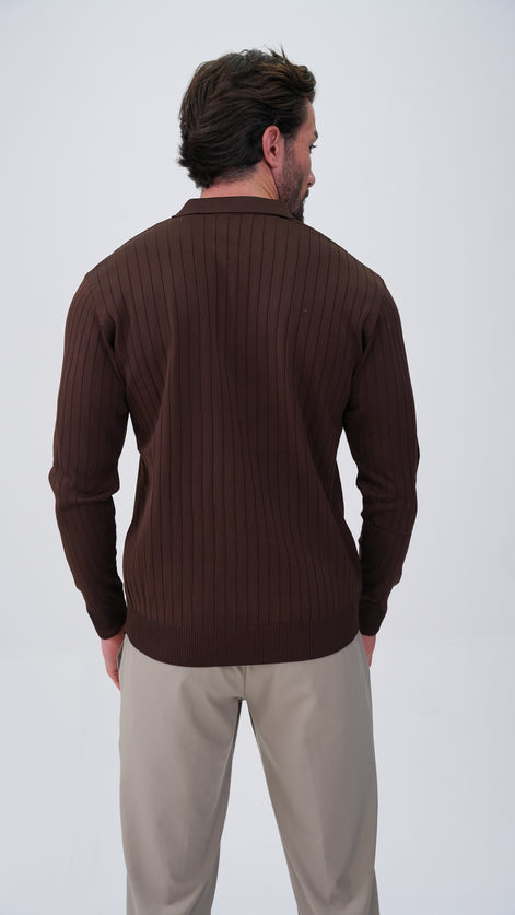 Pierres Dik Çizgili Polo Yaka Kazak - Kahverengi