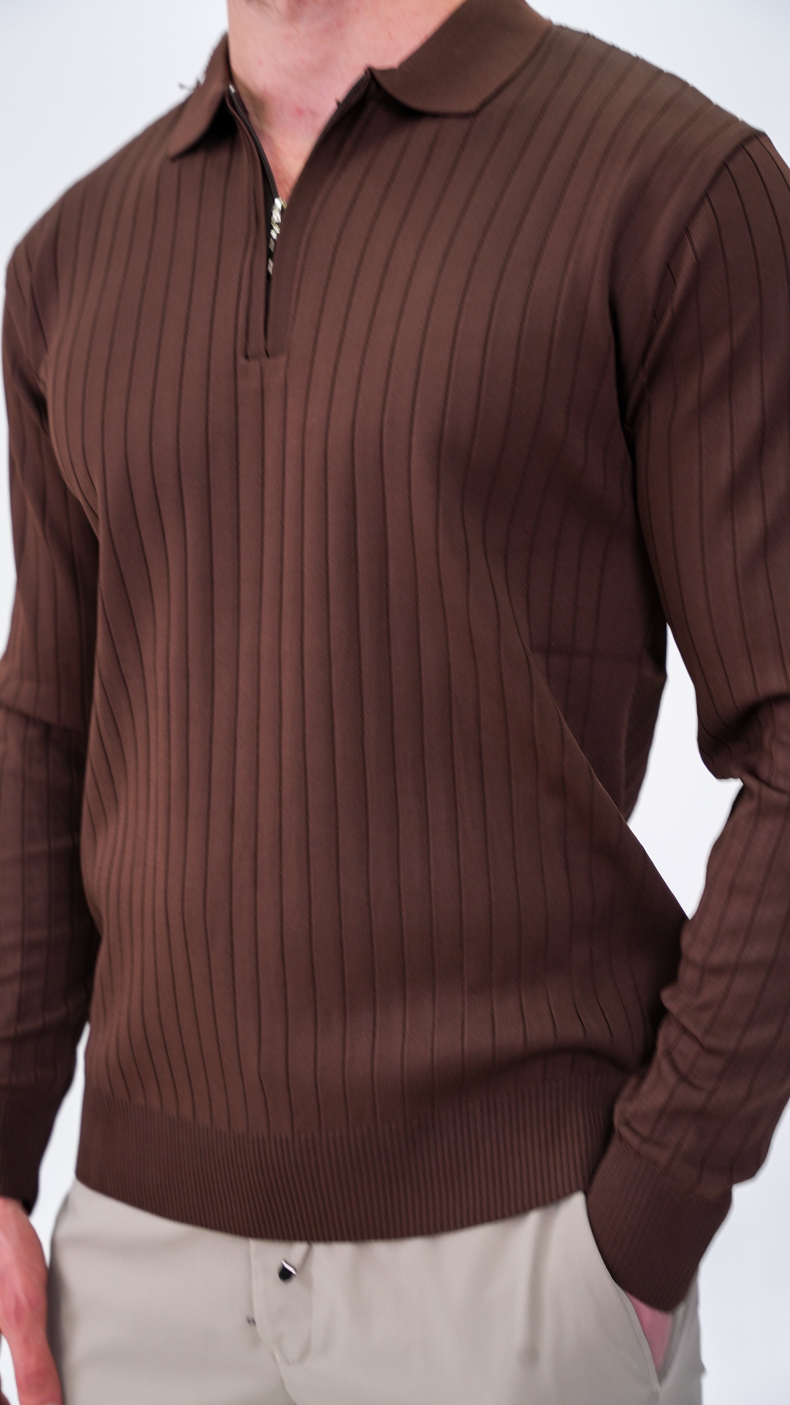 Pierres Dik Çizgili Polo Yaka Kazak - Kahverengi