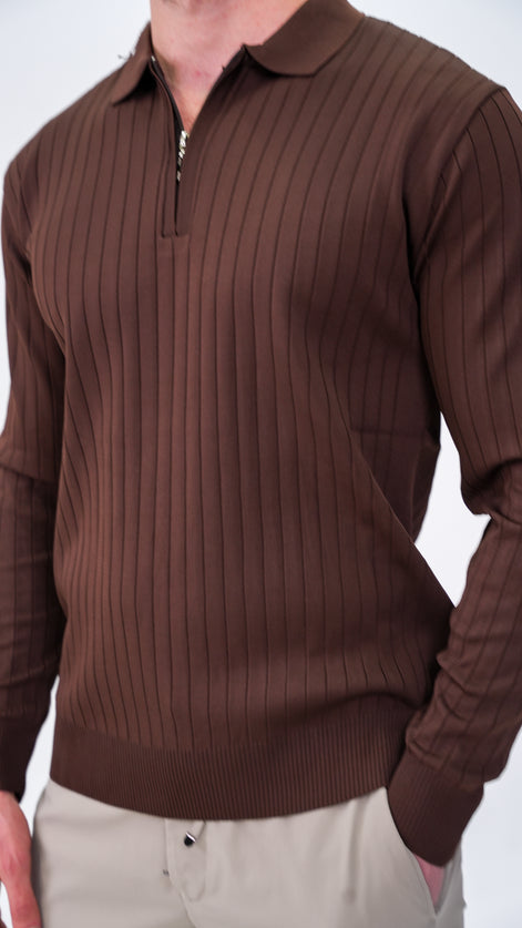 Pierres Dik Çizgili Polo Yaka Kazak - Kahverengi