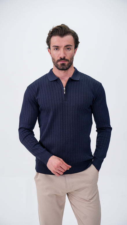 Pierres Dik Çizgili Polo Yaka Kazak - Lacivert