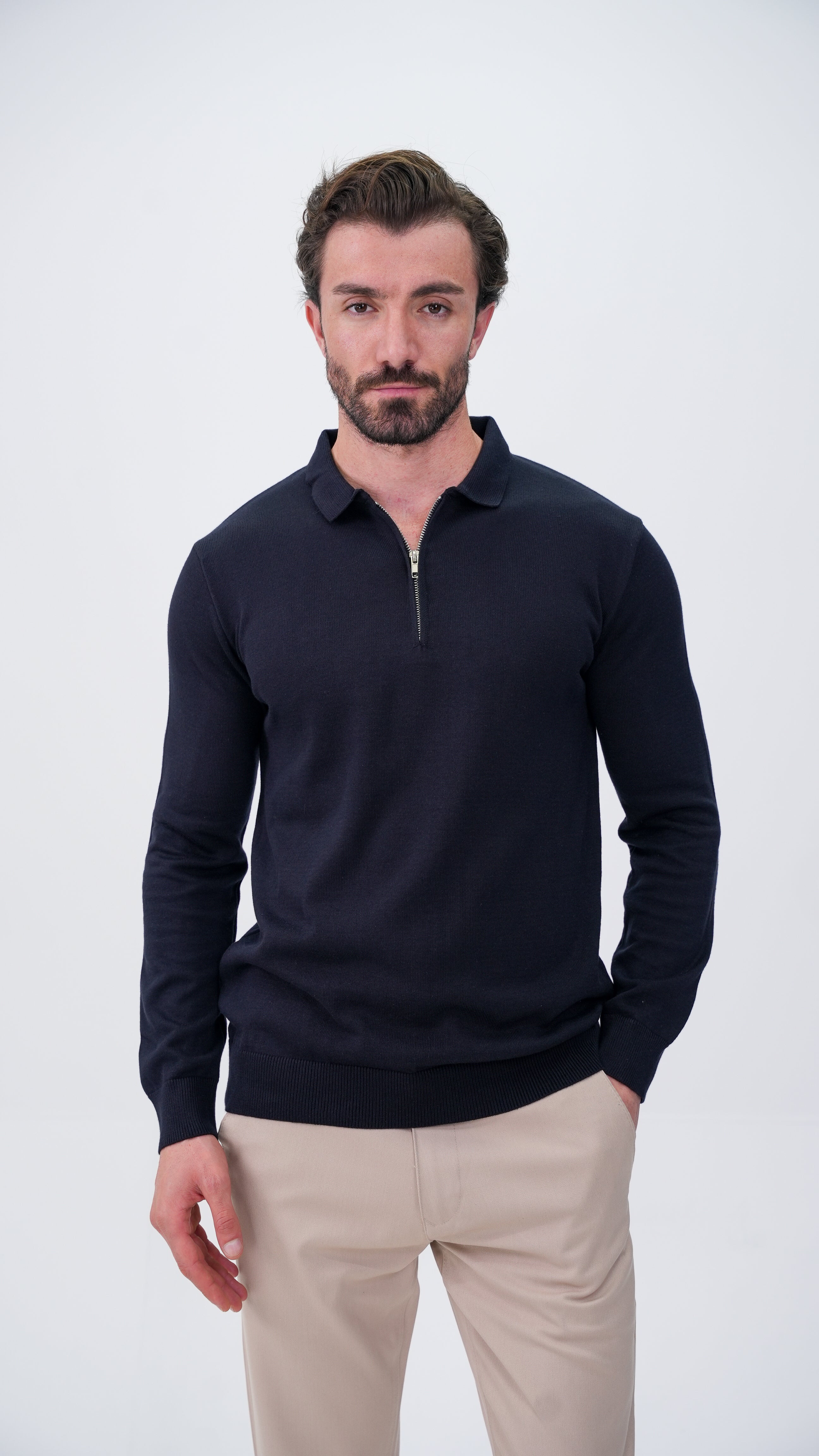 Piochet Yarım Fermuarlı Polo Yaka Kazak - Lacivert