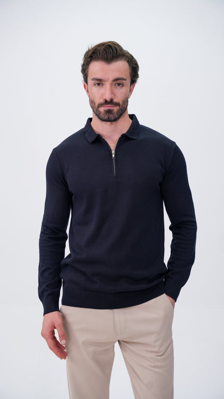 Piochet Yarım Fermuarlı Polo Yaka Kazak - Lacivert