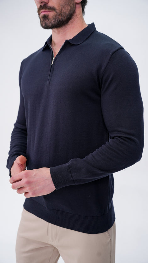 Piochet Yarım Fermuarlı Polo Yaka Kazak - Lacivert