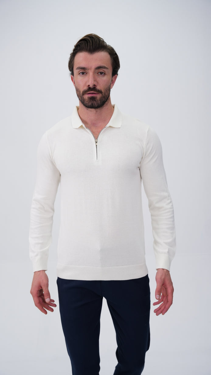 Piochet Yarım Fermuarlı Polo Yaka Kazak - Beyaz