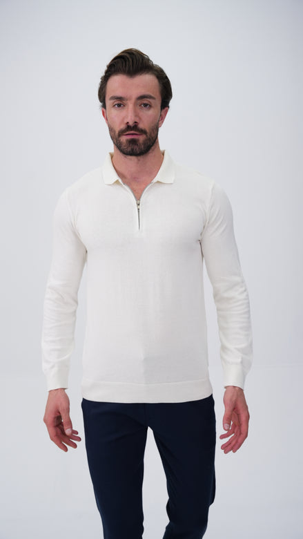 Piochet Yarım Fermuarlı Polo Yaka Kazak - Beyaz