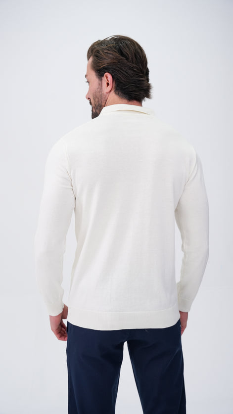 Piochet Yarım Fermuarlı Polo Yaka Kazak - Beyaz