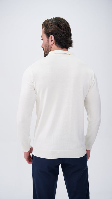 Piochet Yarım Fermuarlı Polo Yaka Kazak - Beyaz