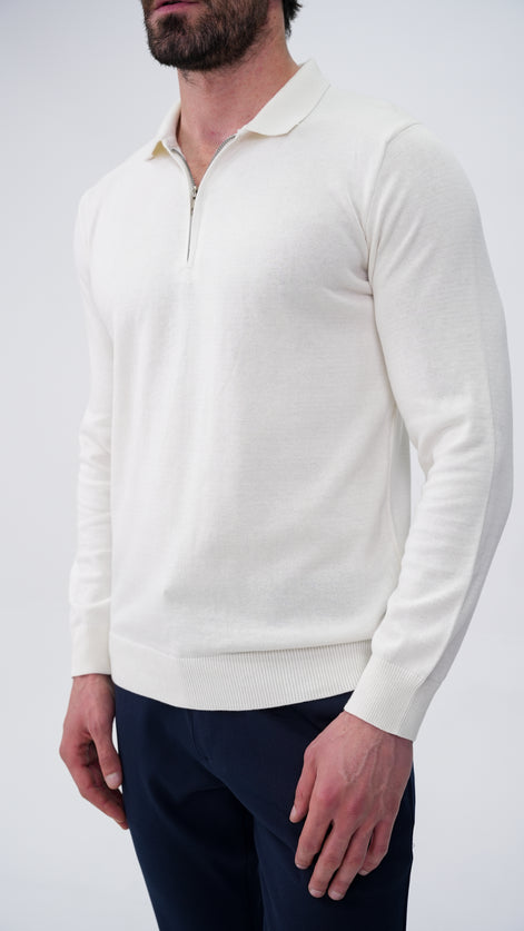 Piochet Yarım Fermuarlı Polo Yaka Kazak - Beyaz