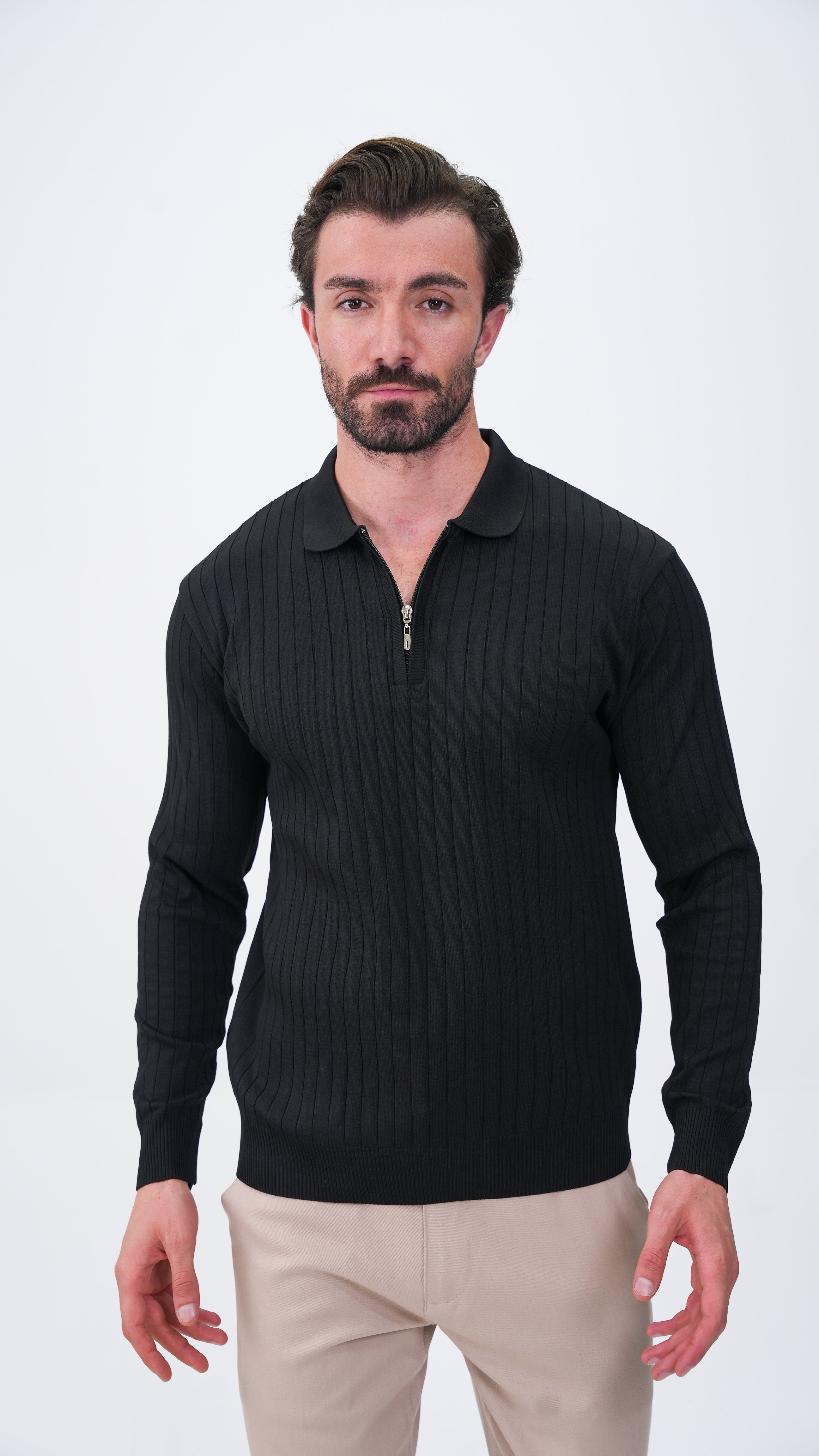 Pierres Dik Çizgili Polo Yaka Kazak - Siyah