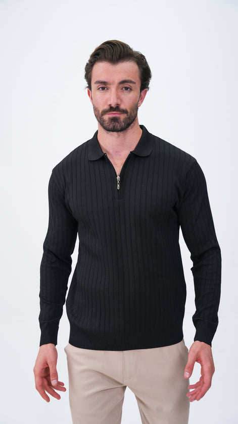 Pierres Dik Çizgili Polo Yaka Kazak - Siyah