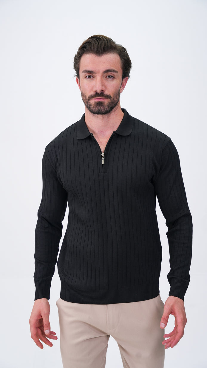 Pierres Dik Çizgili Polo Yaka Kazak - Siyah