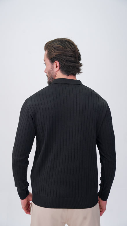 Pierres Dik Çizgili Polo Yaka Kazak - Siyah