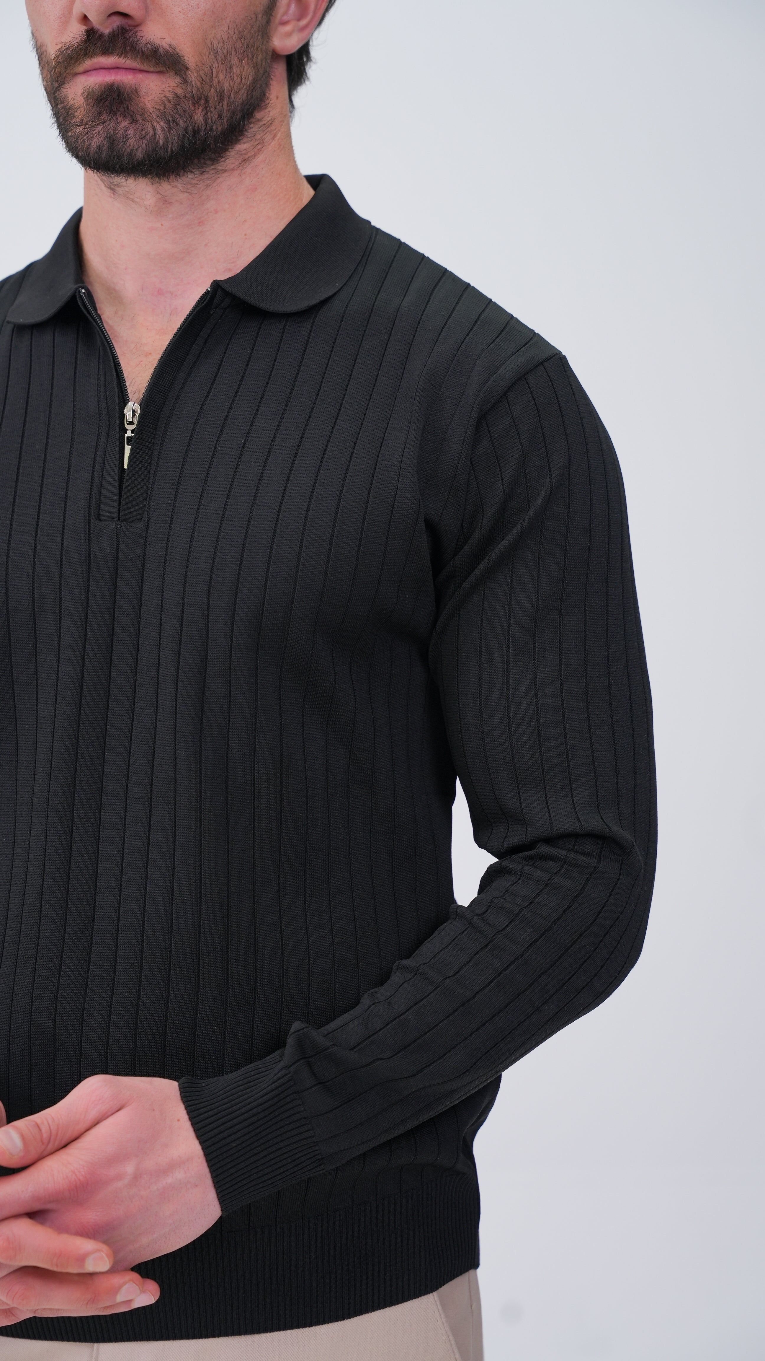 Pierres Dik Çizgili Polo Yaka Kazak - Siyah