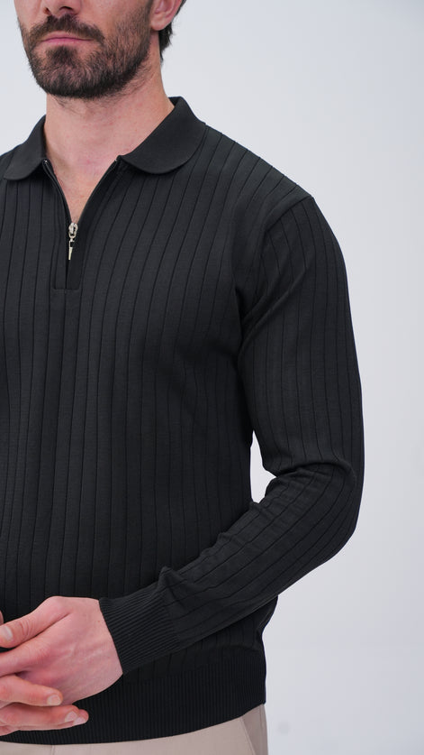 Pierres Dik Çizgili Polo Yaka Kazak - Siyah