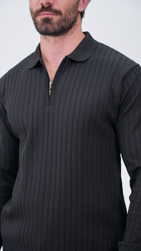 Pierres Dik Çizgili Polo Yaka Kazak - Siyah