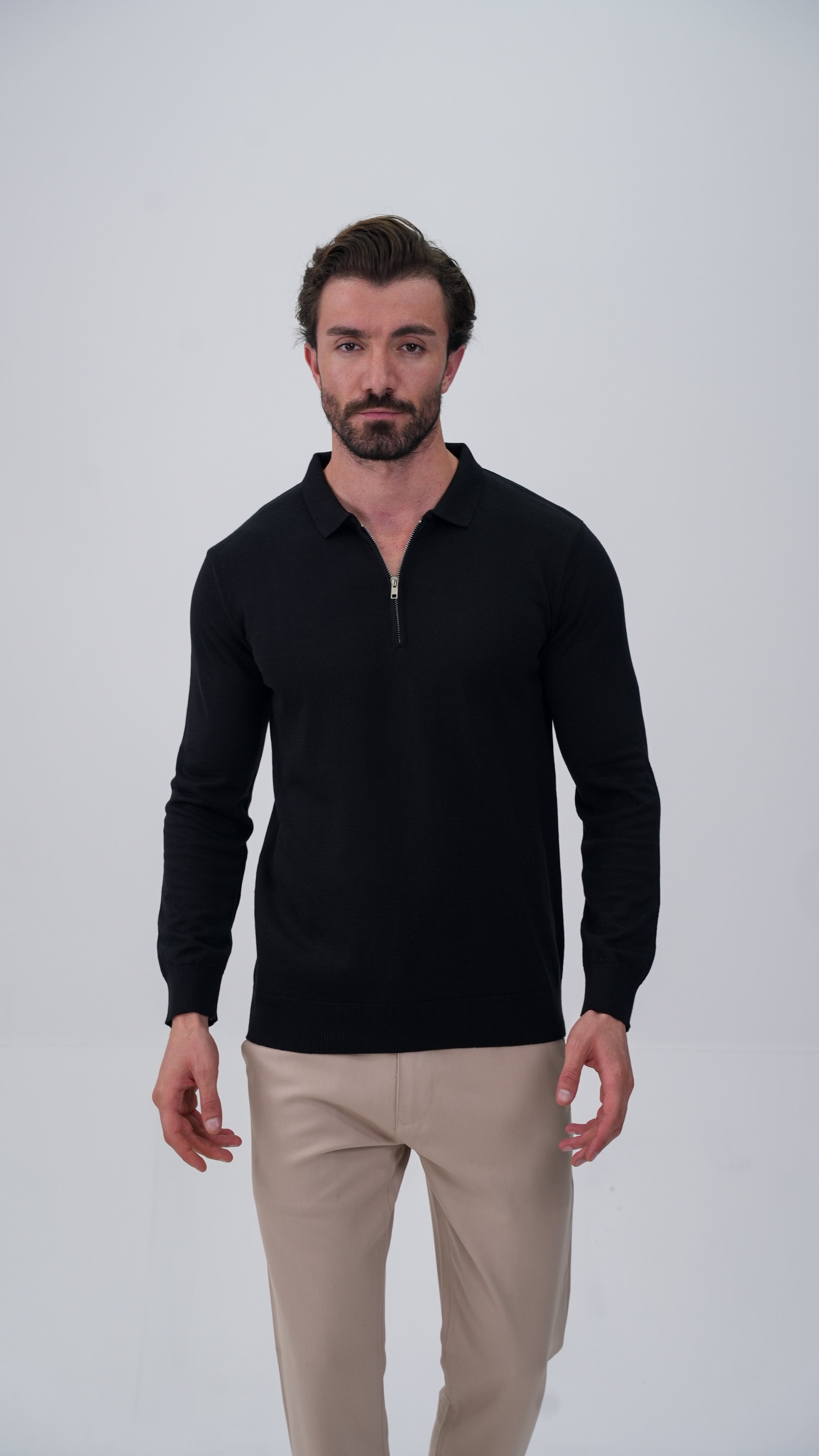 Piochet Yarım Fermuarlı Polo Yaka Kazak - Siyah