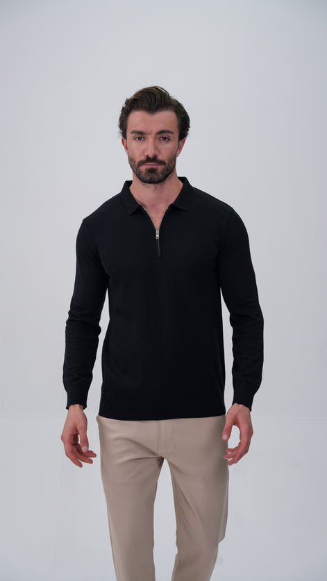 Piochet Yarım Fermuarlı Polo Yaka Kazak - Siyah