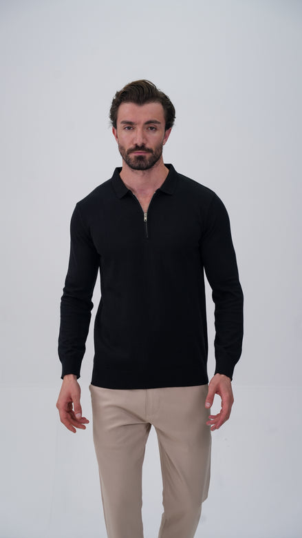 Piochet Yarım Fermuarlı Polo Yaka Kazak - Siyah