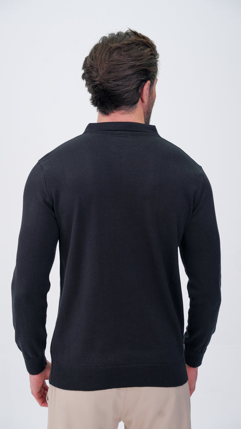 Piochet Yarım Fermuarlı Polo Yaka Kazak - Siyah