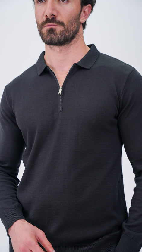 Piochet Yarım Fermuarlı Polo Yaka Kazak - Siyah